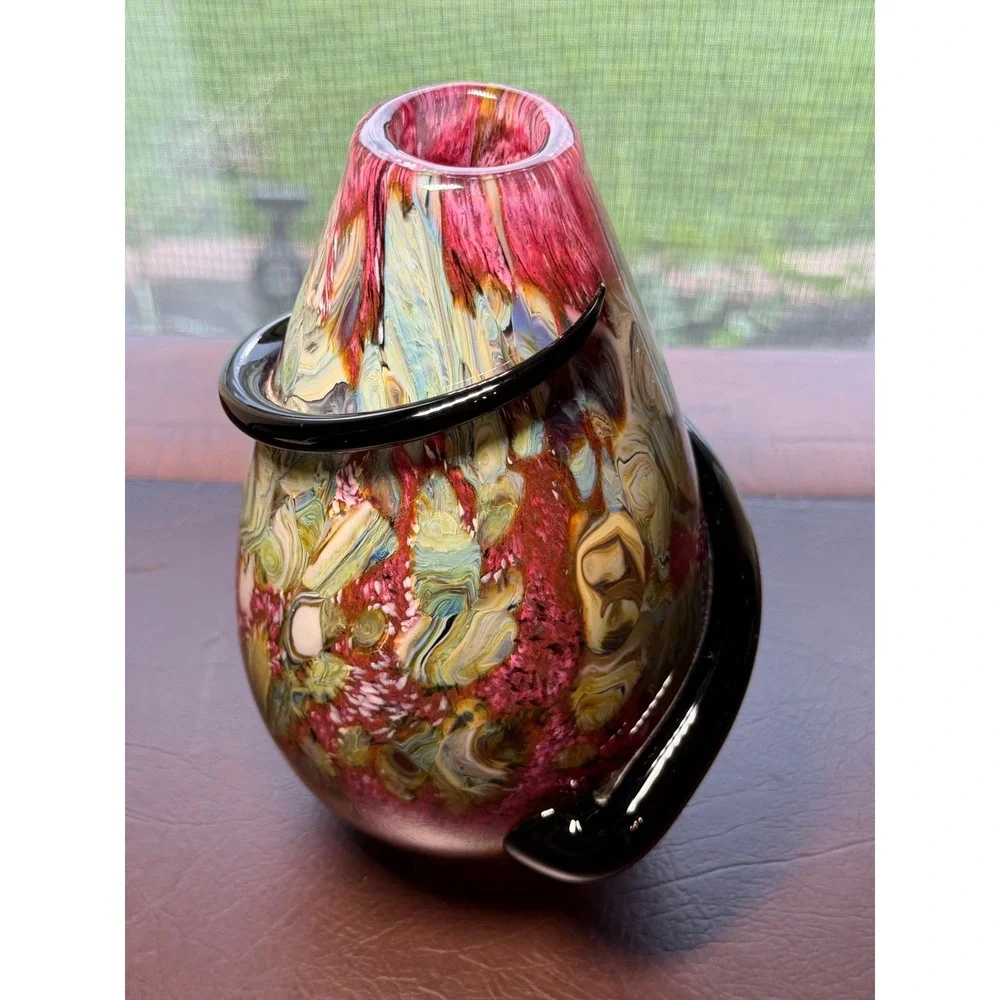 Robert Eickholdt 2000 Signed Studio Art Glass Vase Dichroic Black Wrap Sculpture